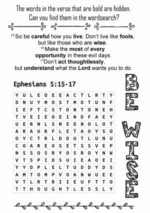 Be Wise - Wordsearch (Ephesians 5 vs15-17) smaller